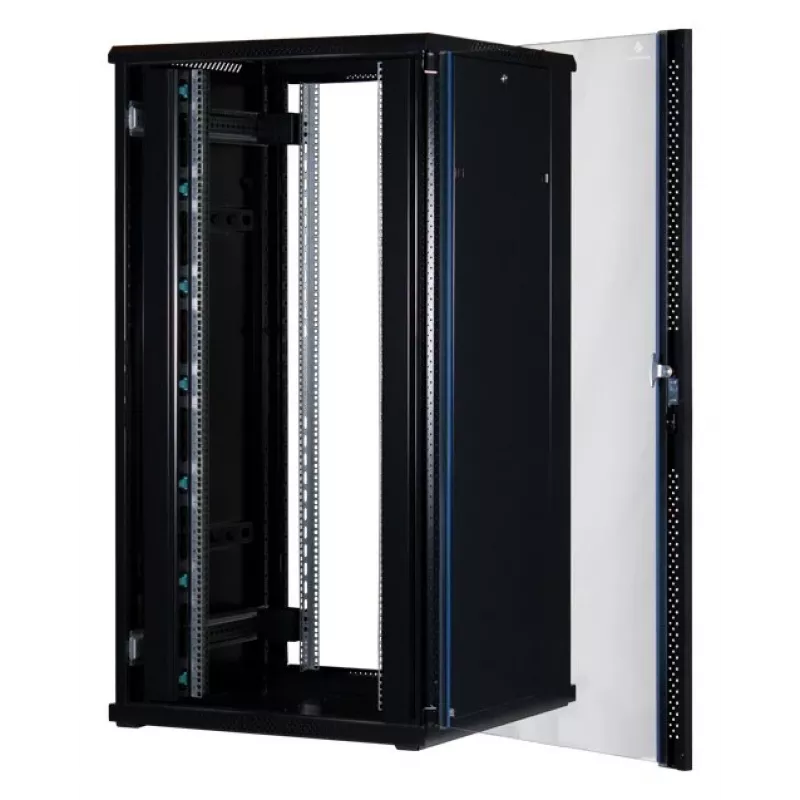 Rockstable 32 HE 19 colių serverio spinta su stiklinėmis durimis – laisvai pastatomas stovas – 32U – 800 kg – užrakinamos durys – tvirtinimo bėgeliai – reguliuojamos kojelės (RS19-8832)