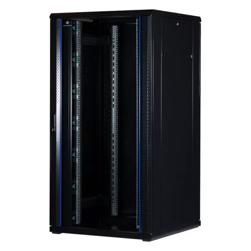 Rockstable 32 HE 19 colių serverio spinta su stiklinėmis durimis – laisvai pastatomas stovas – 32U – 800 kg – užrakinamos durys – tvirtinimo bėgeliai – reguliuojamos kojelės (RS19-8832)