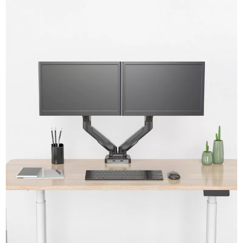 Rockstable RS-MM007 Advanced Dual Monitor Mount – spaustuvinis / per angą laikiklis – 13 kg – 15–27 colių – 100x100 mm – juodas