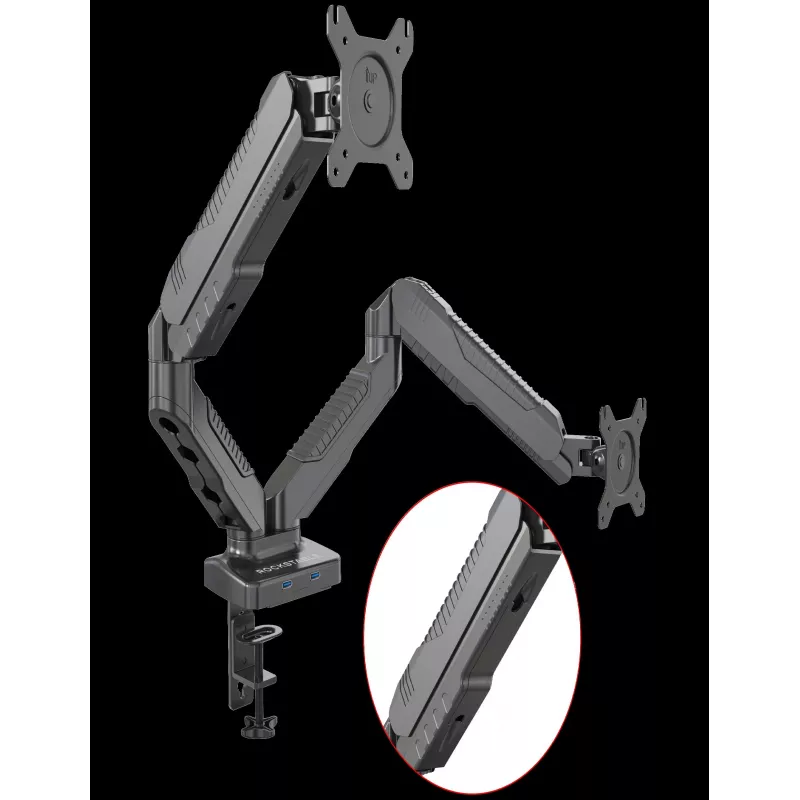 Rockstable RS-MM007 Advanced Dual Monitor Mount – spaustuvinis / per angą laikiklis – 13 kg – 15–27 colių – 100x100 mm – juodas