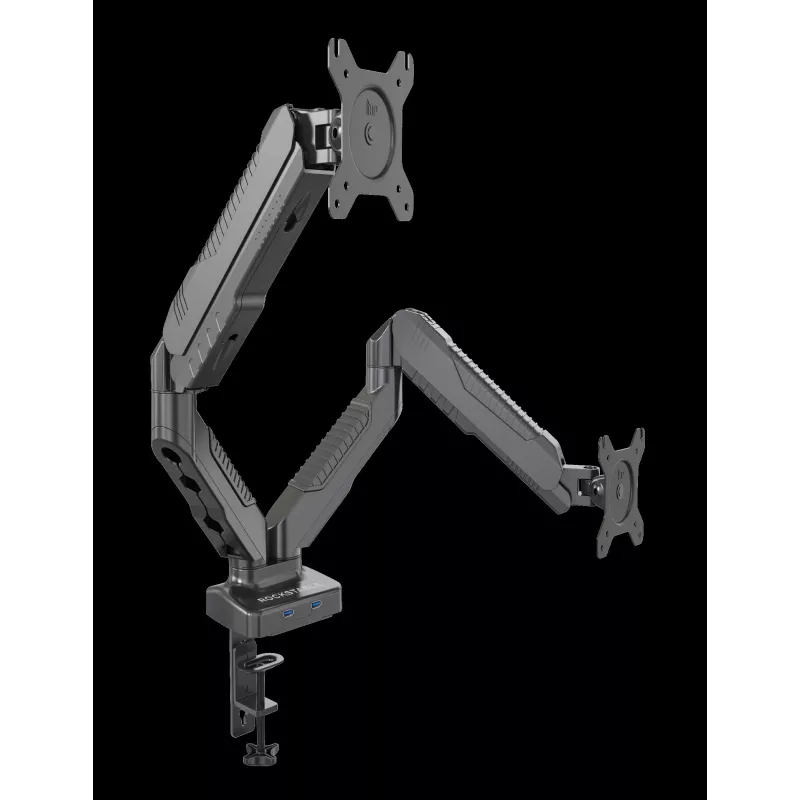 Rockstable RS-MM007 Advanced Dual Monitor Mount – spaustuvinis / per angą laikiklis – 13 kg – 15–27 colių – 100x100 mm – juodas