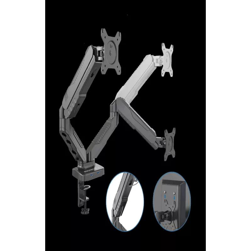 Rockstable RS-MM007 Advanced Dual Monitor Mount – spaustuvinis / per angą laikiklis – 13 kg – 15–27 colių – 100x100 mm – juodas