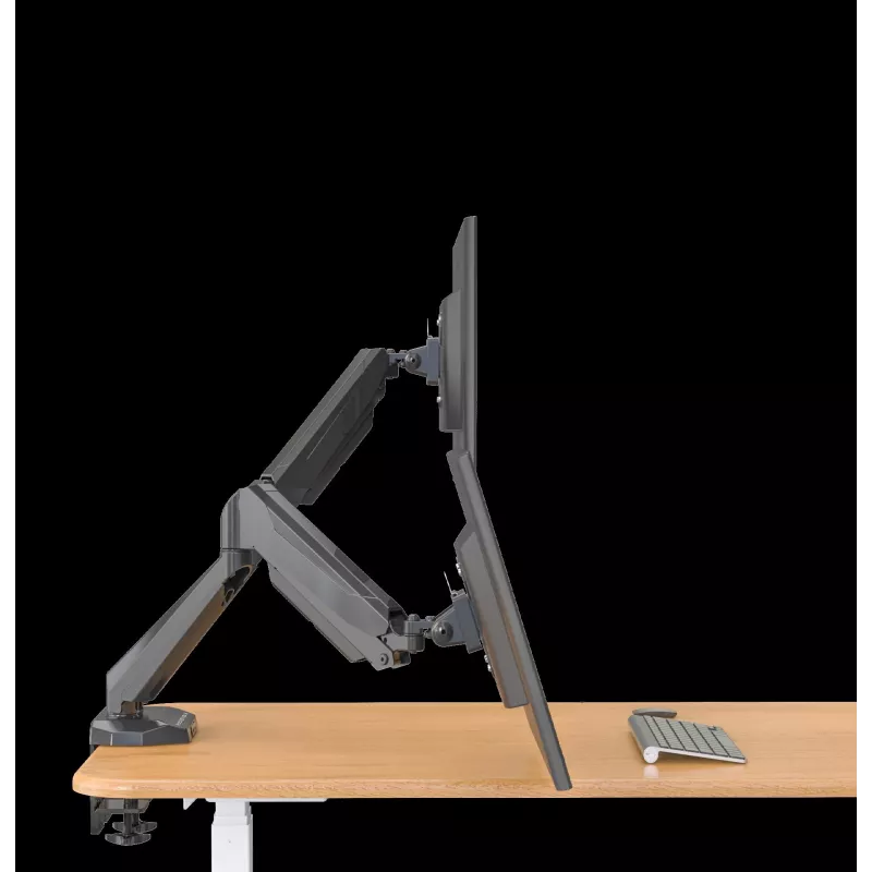 Rockstable RS-MM011B Profesionalus Dvigubo Monitoriaus Stalo Laikiklis – Spaustuvas / Varžtas – 16 kg – 15–32 colių – 100x100 mm – Juodas