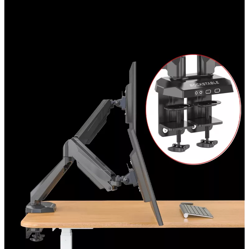 Rockstable RS-MM011B Profesionalus Dvigubo Monitoriaus Stalo Laikiklis – Spaustuvas / Varžtas – 16 kg – 15–32 colių – 100x100 mm – Juodas