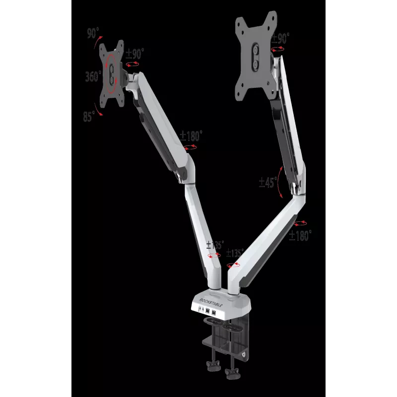 ROCKSTABLE RS-MM011W Profesionalus Dvigubo Monitoriaus Laikiklis - Gnybtas / Grometas - 16 kg - 38,1 cm (15 inch) - 81,3 cm (32 inch) - 100 x 100 mm - Baltas