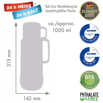ROTPUNKT stiklinis vakuuminis termosas 1,0 l Shiny Fox Red
