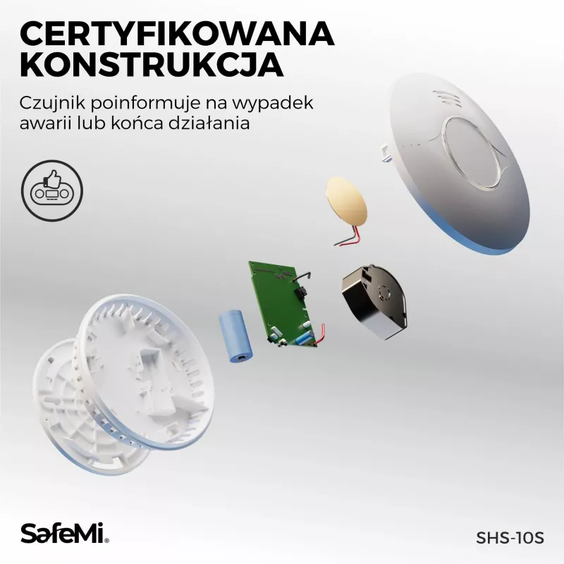 SAFEMI SHS-10S Dūmų detektorius – fotoelektrinis, su įmontuota 10 metų baterija, 5 metų garantija