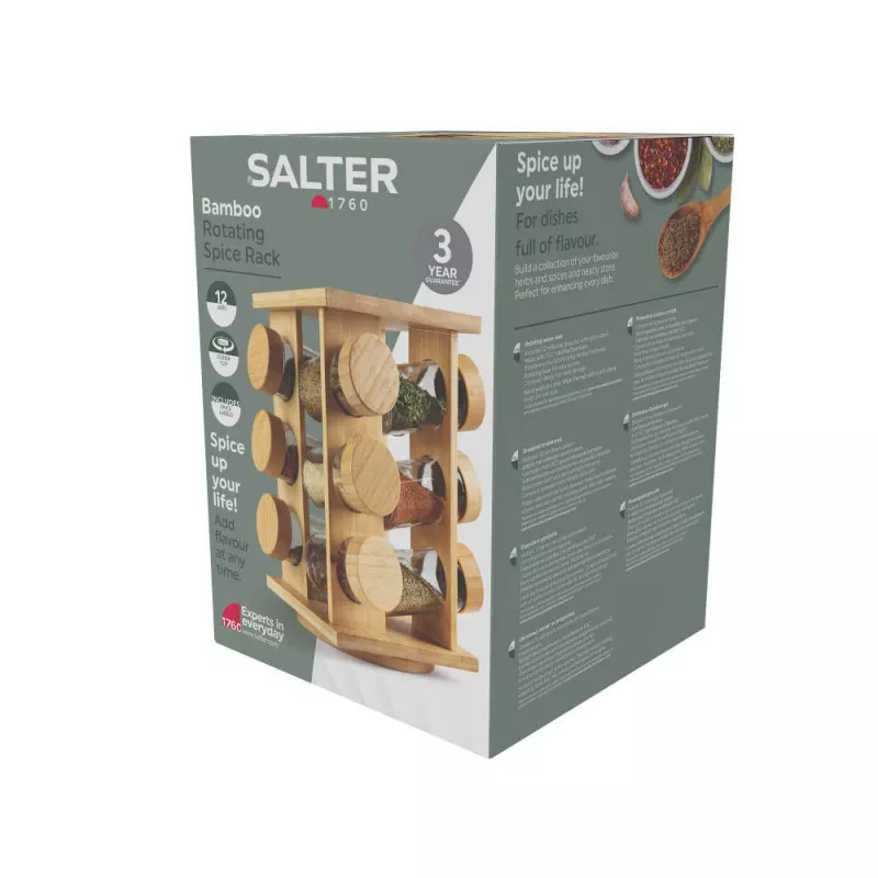 Salter BW14238 rotacinis prieskonių stovas iš bambuko su 16 stikliniais stiklainiais