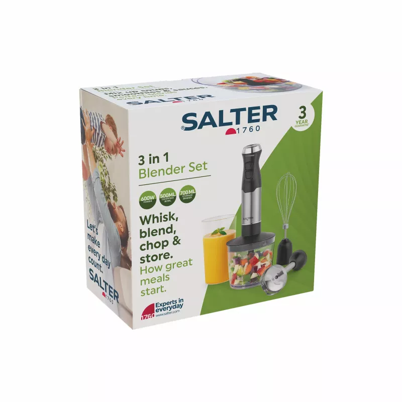 Salter EK6653VDE 4-in-1 blenderio rinkinys, 500 W, 1,5 l stiklinis indas, juodas/sidabrinis
