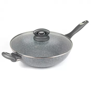 Salter Marblestone Wok 28cm pilka – Kaltas aliuminis, nelimpanti danga, tinka indukcinėms kaitlentėms