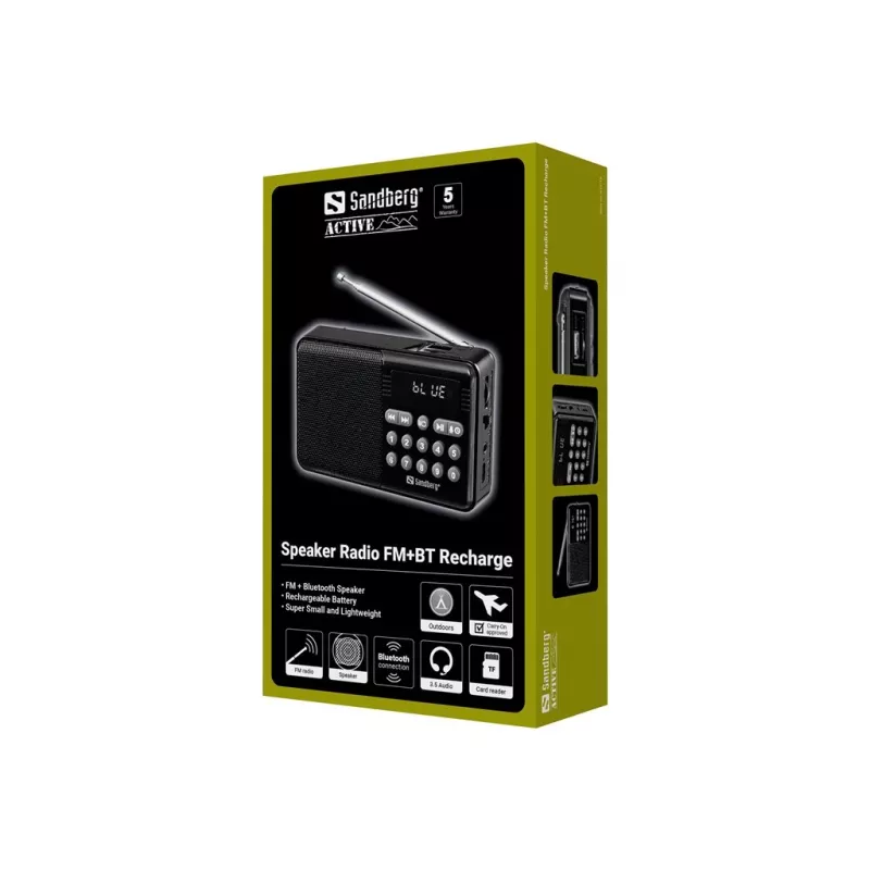 SANDBERG Speaker Radio FM+BT Recharge nešiojamas Bluetooth garsiakalbis su FM radiju, AUX, USB, MicroSD, 6W, juodos spalvos
