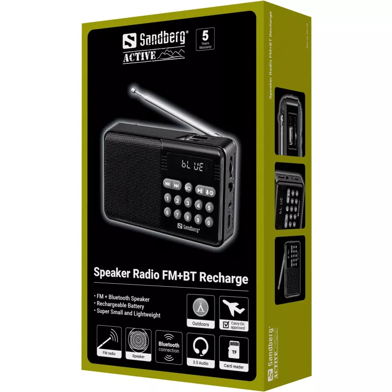 SANDBERG Speaker Radio FM+BT Recharge nešiojamas Bluetooth garsiakalbis su FM radiju, AUX, USB, MicroSD, 6W, juodos spalvos