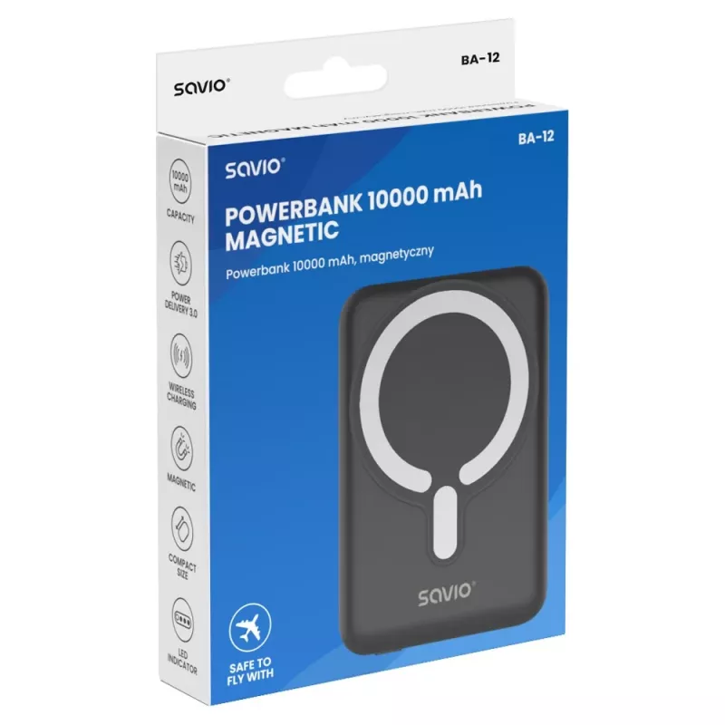 Savio BA-12 Magnetinis belaidis power bankas 10000 mAh juodas