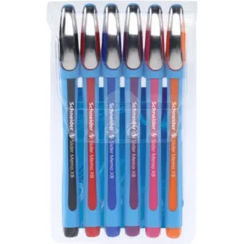 Schneider Slider Memo XB tušinukų rinkinys - 6 skirtingų spalvų (juoda, mėlyna, raudona, žalia, oranžinė, violetinė) - itin platus 1,4 mm nerūdijančio plieno antgalis - Viscoglide greitai džiūstantys rašalai 150296