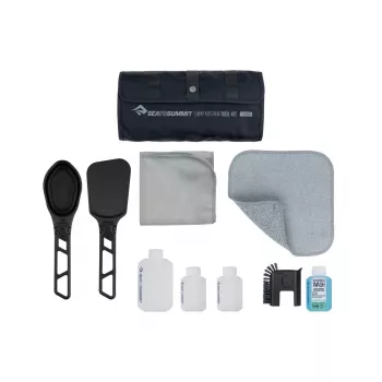 Sea To Summit Camp Kitchen Tool Kit – Indų plovimo rinkinys su silikoniniu grandikliu, mikropluošto rankšluosčiu ir 50 ml Wilderness Wash