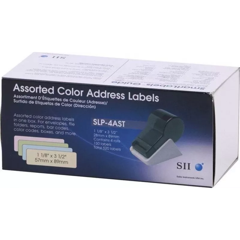 Seiko SLP-4AST Įvairiaspalvės adresų etiketės - 28 x 89 mm, 520 etikečių (4 ritinėliai po 130) Smart Label Printer 420/425/430/440/450