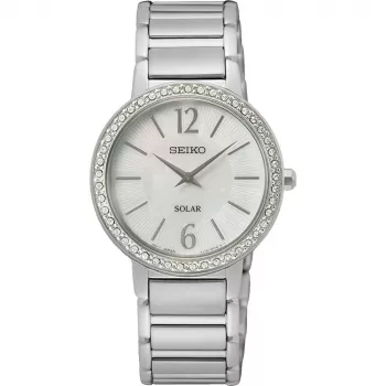 SEIKO SUP467P1 Moteriškas laikrodis su saulės energijos kvarciniu mechanizmu, 30,5 mm, nerūdijančio plieno, sidabrinis, perlų motinos, deimantinis