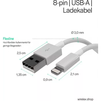 SHIVERPEAKS Flexline USB Charge & Sync Cable, USB-A to 8-Pin (Lightning), 2.0, ABS, White, 1,5m (FL31-12042)