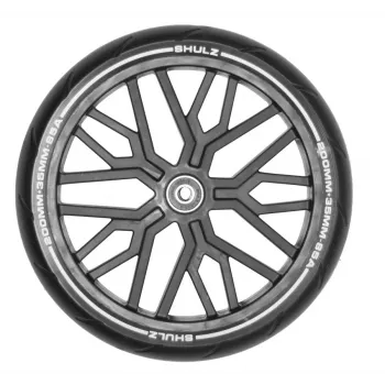 SHULZ Scooter Wheel 200mm – Juoda padanga su baltu centru, ABEC-9, 608ZZ guoliai, aliuminio lydinio stebulė, PU padanga, 82A kietumas, stipininė konstrukcija, 8 mm ašis, 100 kg apkrova