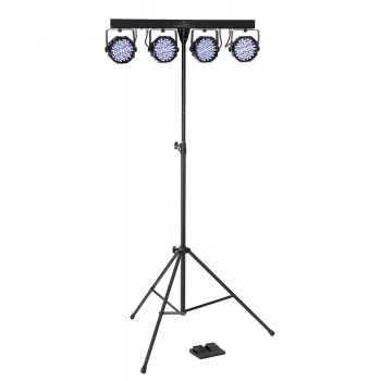 Soundsation 4LEDKIT-PARTY2 4-in-1 LED apšvietimo rinkinys su Derby, PAR, stroboskopu, lazeriu, trikoju, IR nuotolinio valdymo pultu ir pėdų valdikliu