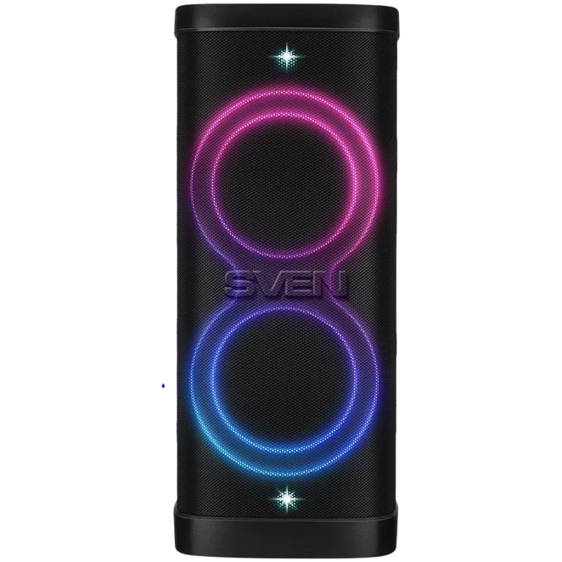 Garsiakalbis Party Box SVEN PS-1250, juodas (300 W, TWS, IPx4, Bluetooth, FM, USB, microSD, LED ekranas, 13500 mAh)