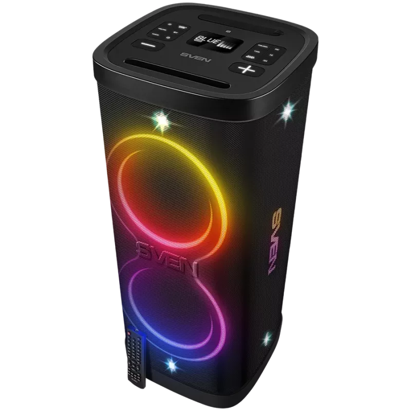 Garsiakalbis Party Box SVEN PS-1250, juodas (300 W, TWS, IPx4, Bluetooth, FM, USB, microSD, LED ekranas, 13500 mAh)
