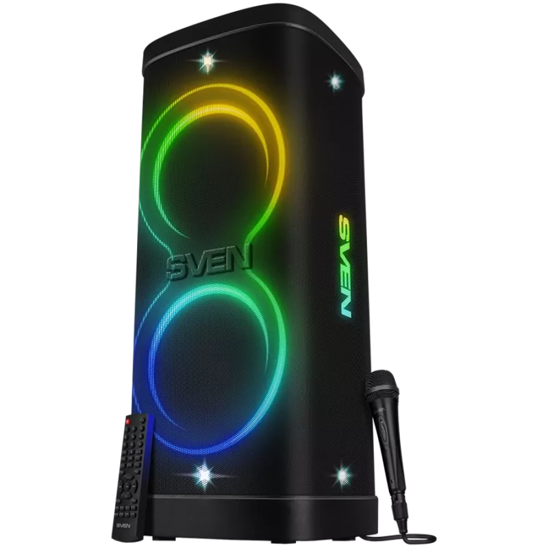 Garsiakalbis Party Box SVEN PS-1250, juodas (300 W, TWS, IPx4, Bluetooth, FM, USB, microSD, LED ekranas, 13500 mAh)
