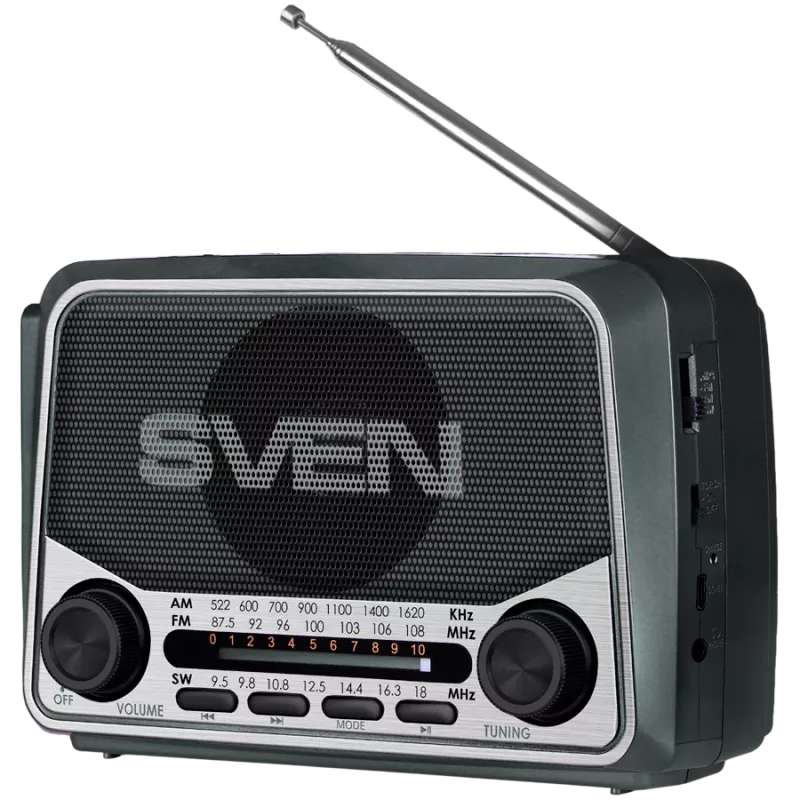 Nešiojamas garsiakalbis SVEN SRP-150, pilka (3W, Bluetooth, FM/AM/SW, USB, microSD, žibintuvėlis, baterija)