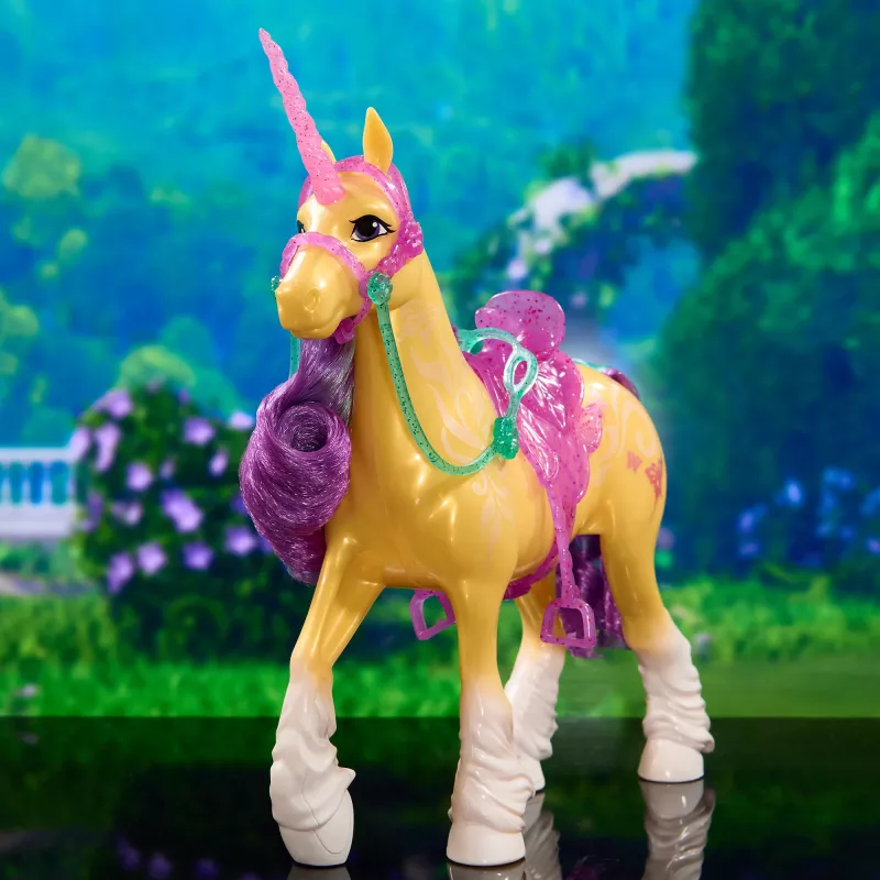 SPINMASTER Unicorn Academy – Einhorn Leaf (28 cm, su tikrais karčiais ir uodega, nuimama kamanomis, balnu ir šepetėliu)