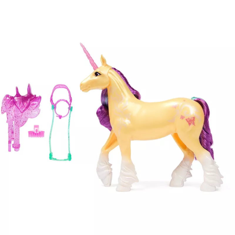 SPINMASTER Unicorn Academy – Einhorn Leaf (28 cm, su tikrais karčiais ir uodega, nuimama kamanomis, balnu ir šepetėliu)