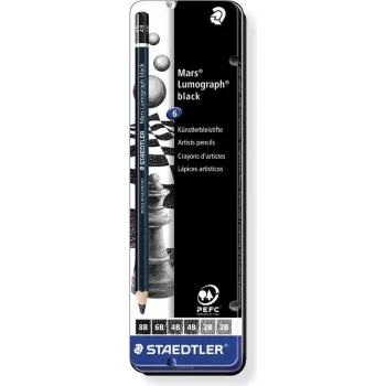 Staedtler Mars Lumograph 100B G6 grafito pieštukų rinkinys – 6 skirtingo kietumo (8B–B), šešiakampiai, PEFC sertifikuoti