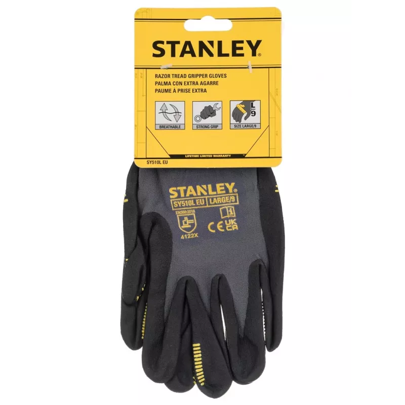 Stanley SY510L-QS darbo pirštinės, dydis L (9) – sintetinės odos delnas, spandekso nugara, neopreno rankogalis, EN 388 sertifikuota, juoda/geltona