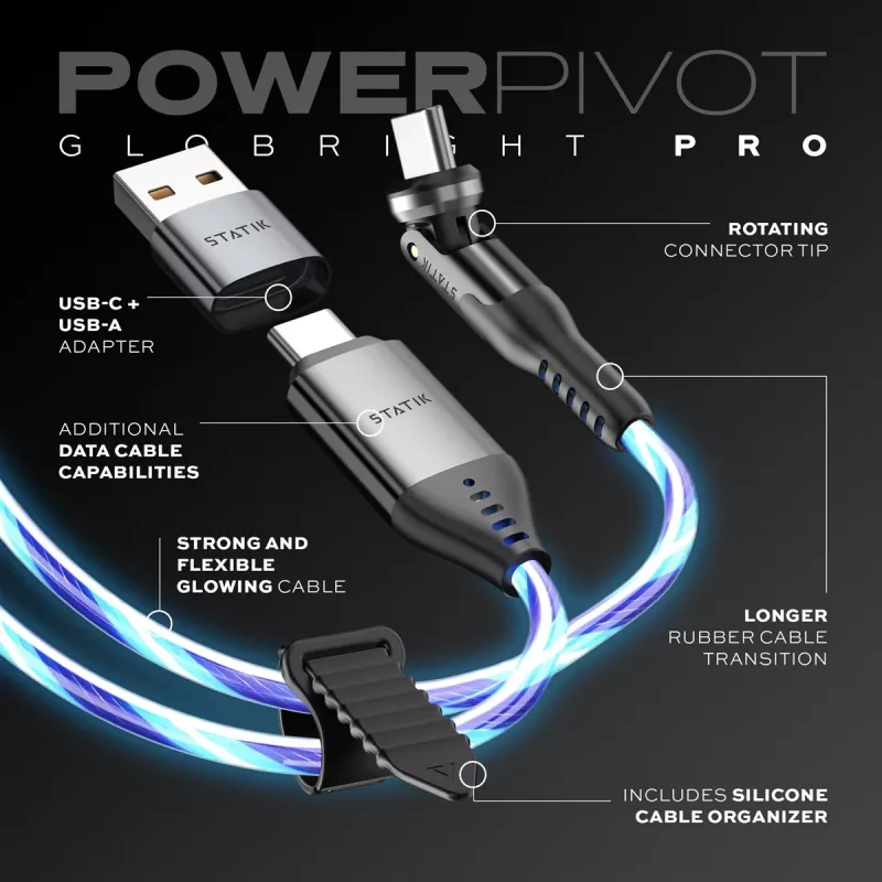 STATIK PowerPivot Pro šviečiantis LED laidas USB-C į USB-C 1 m juodas
