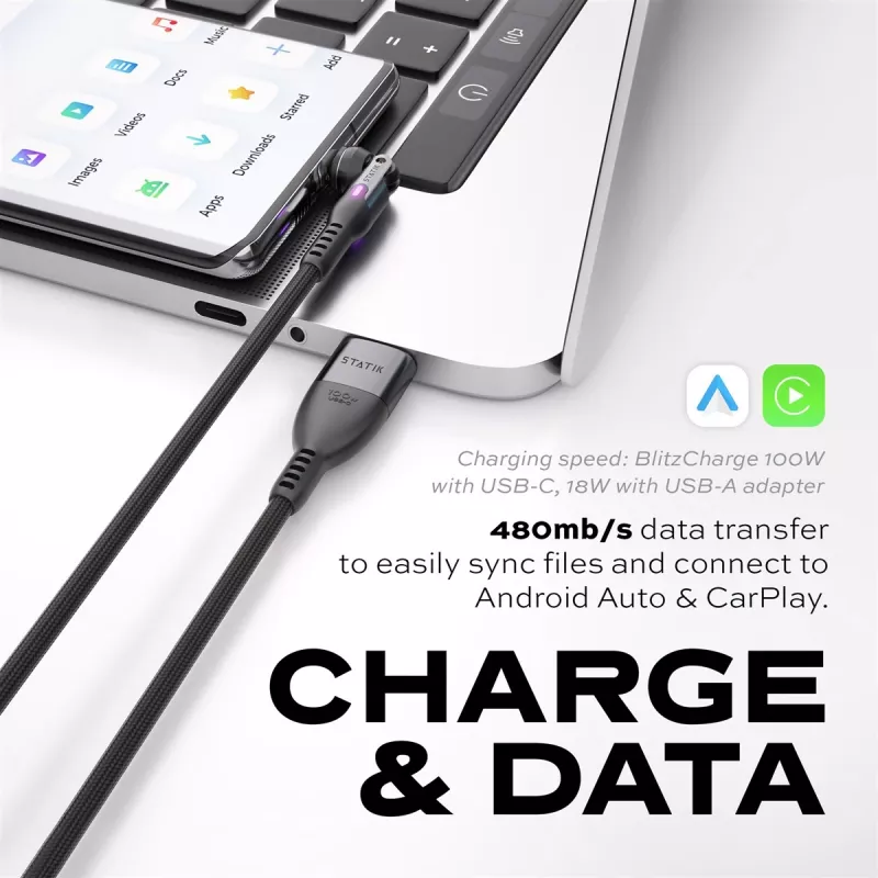 STATIK PowerPivot Pro Nylon Braided Cable, USB-C to USB-C, 1m, Black
