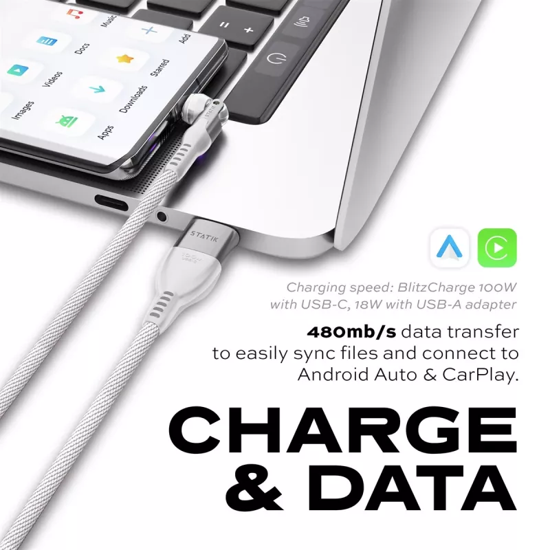 STATIK PowerPivot Pro pintas nailono laidas, USB-C į USB-C, 3 m, baltas