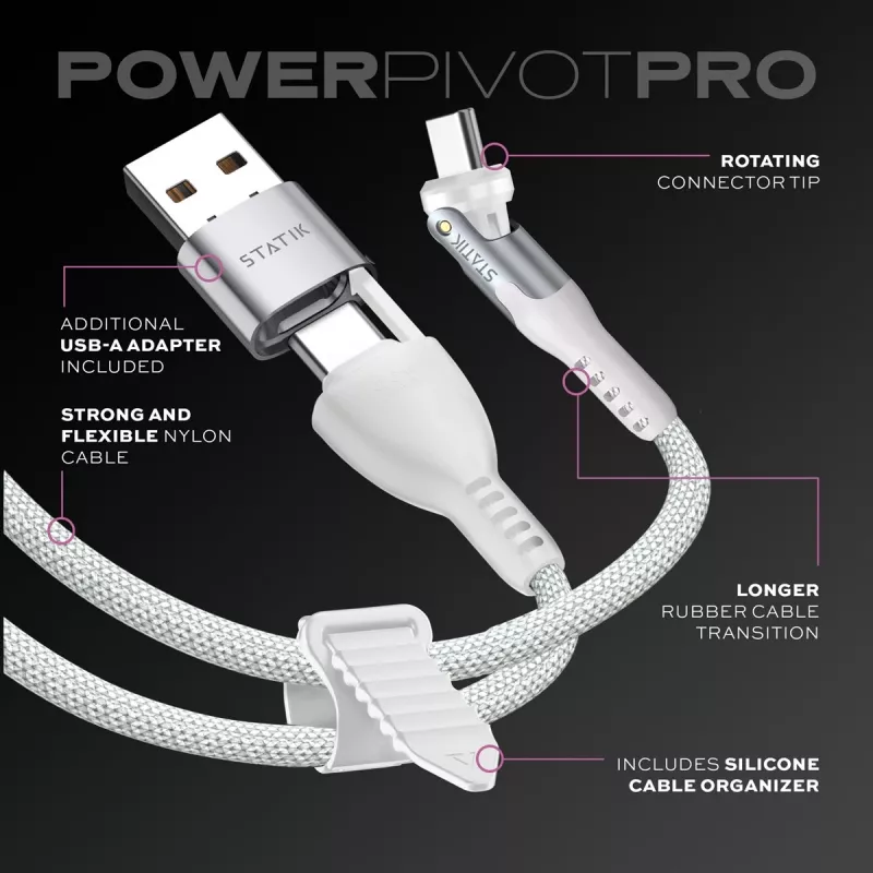 STATIK PowerPivot Pro pintas nailono laidas, USB-C į USB-C, 3 m, baltas
