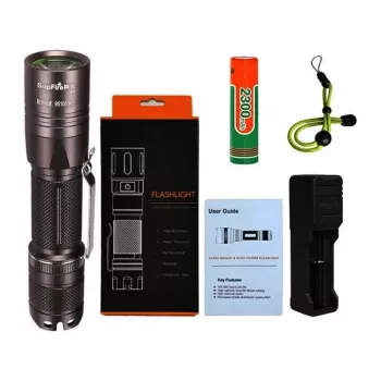 SUPERFIRE A6 žibintuvėlis - 1200 liumenų P50 LED, 280 m šviesos spindulys, USB įkrovimas, priartinimas, IP44