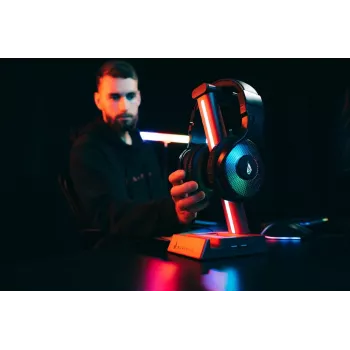 SureFire VINSON N2 RGB ausinių stovas su 2 prievadų USB šakotuvu ir 3.5 mm garso perdavimu