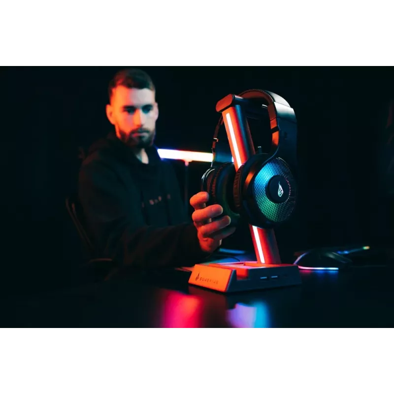 SureFire VINSON N2 RGB ausinių stovas su 2 prievadų USB šakotuvu ir 3.5 mm garso perdavimu