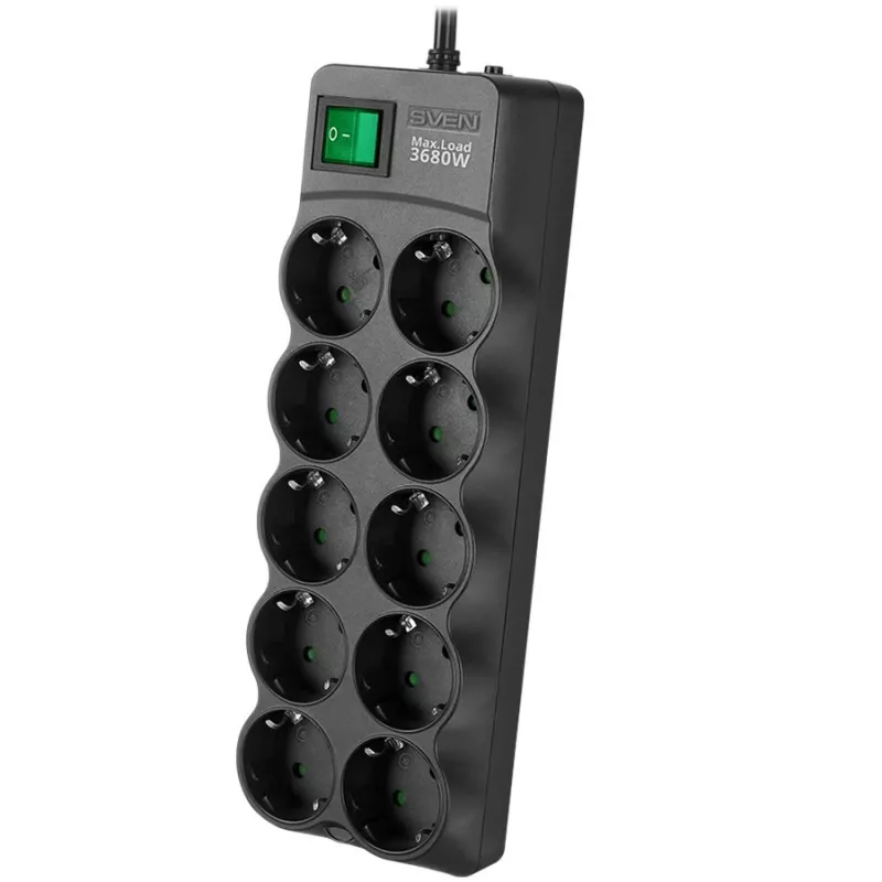SVEN SF-10E-16 Apsauginis tinklo filtras, 10 lizdų, 16 A, 3,6 kW, 1,8 m, juodas