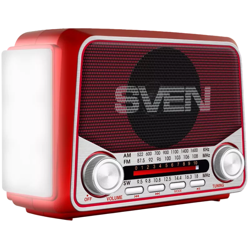 Nešiojamas garsiakalbis SVEN SRP-150, raudonas (3W, Bluetooth, FM/AM/SW, USB, microSD, žibintuvėlis, baterija)