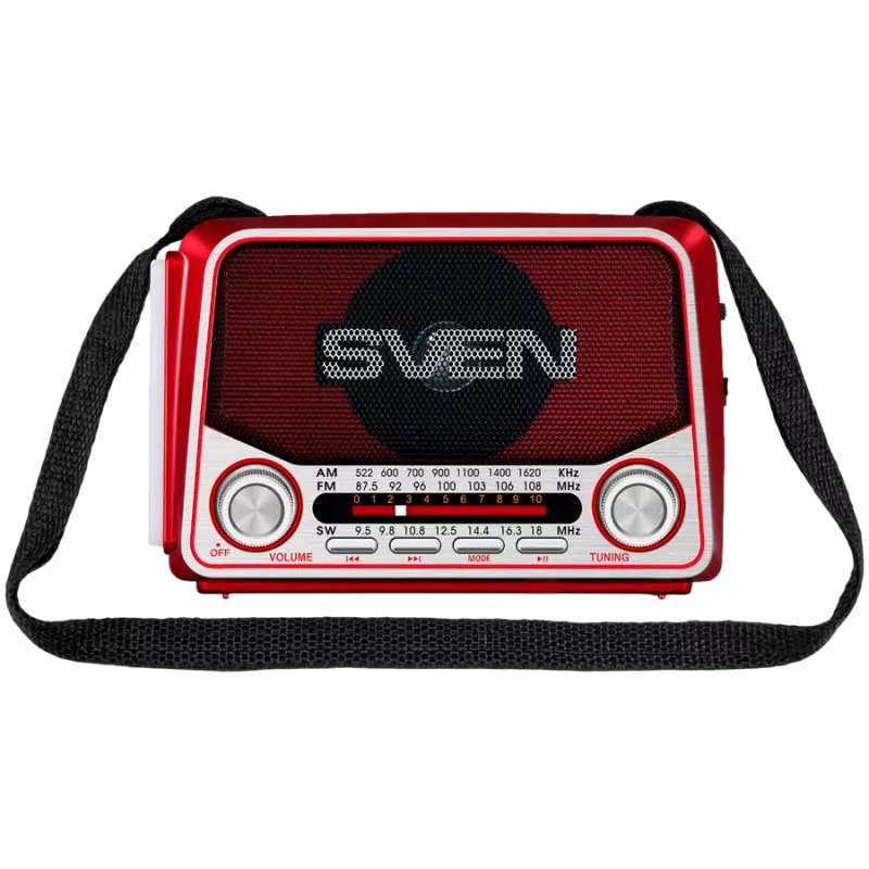 Nešiojamas garsiakalbis SVEN SRP-150, raudonas (3W, Bluetooth, FM/AM/SW, USB, microSD, žibintuvėlis, baterija)