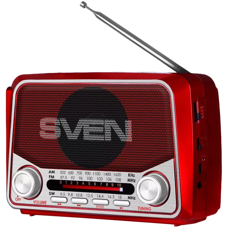 Nešiojamas garsiakalbis SVEN SRP-150, raudonas (3W, Bluetooth, FM/AM/SW, USB, microSD, žibintuvėlis, baterija)