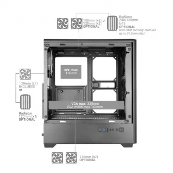 TACENS MARS MC-QUANTUM Mid-Tower ATX korpusas su 3x120mm FDB ventiliatoriais + 1x120mm ARGB ventiliatoriumi, USB-C, grūdintu stiklu, juodas
