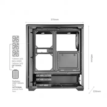 TACENS MARS MC-QUANTUM Mid-Tower ATX korpusas su 3x120mm FDB ventiliatoriais + 1x120mm ARGB ventiliatoriumi, USB-C, grūdintu stiklu, juodas