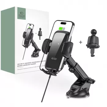 Tech-Protect CM15W-V1 Universalus automobilinis telefono laikiklis su 15W Qi belaidžiu įkrovikliu prietaisų skydeliui ir ventiliacijos angai - Juoda