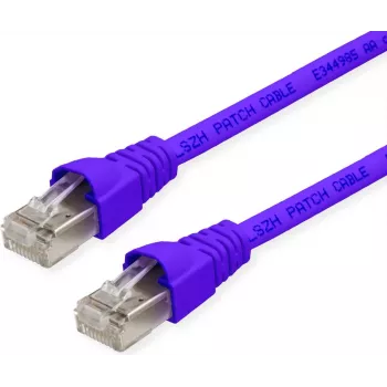 Telegärtner MP8 FS 500 Cat 6a S/FTP komutacinis kabelis, RJ-45 male į RJ-45 male, 0,5 m, violetinės spalvos, su apsauginėmis fiksatorių movomis