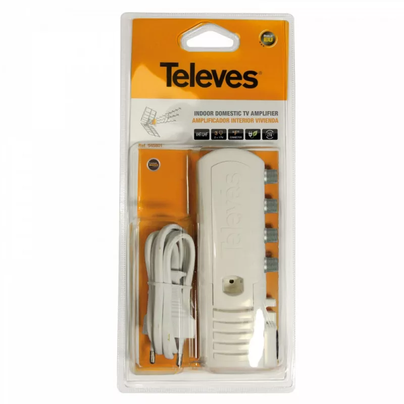 Televes 39550 buitinis televizijos signalo stiprintuvas su F tipo jungtimis – 3 išėjimai (2+TV): VHF/UHF – Auto LTE