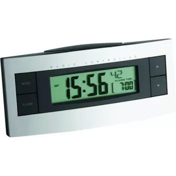 TFA 60.2511 Radijo bangomis valdomas žadintuvas – juodas/sidabrinis, LCD ekranas, patalpų temperatūra, snaudimo funkcija, mėlynas foninis apšvietimas, 2x AAA