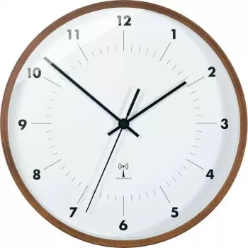 TFA Dostmann radijo bangomis valdomas sieninis laikrodis su mediniu rėmu, 25,5 cm skersmens, baltu ciferblatu, arabiškomis skaitmenimis, maitinamas baterija, DCF77 98.1097